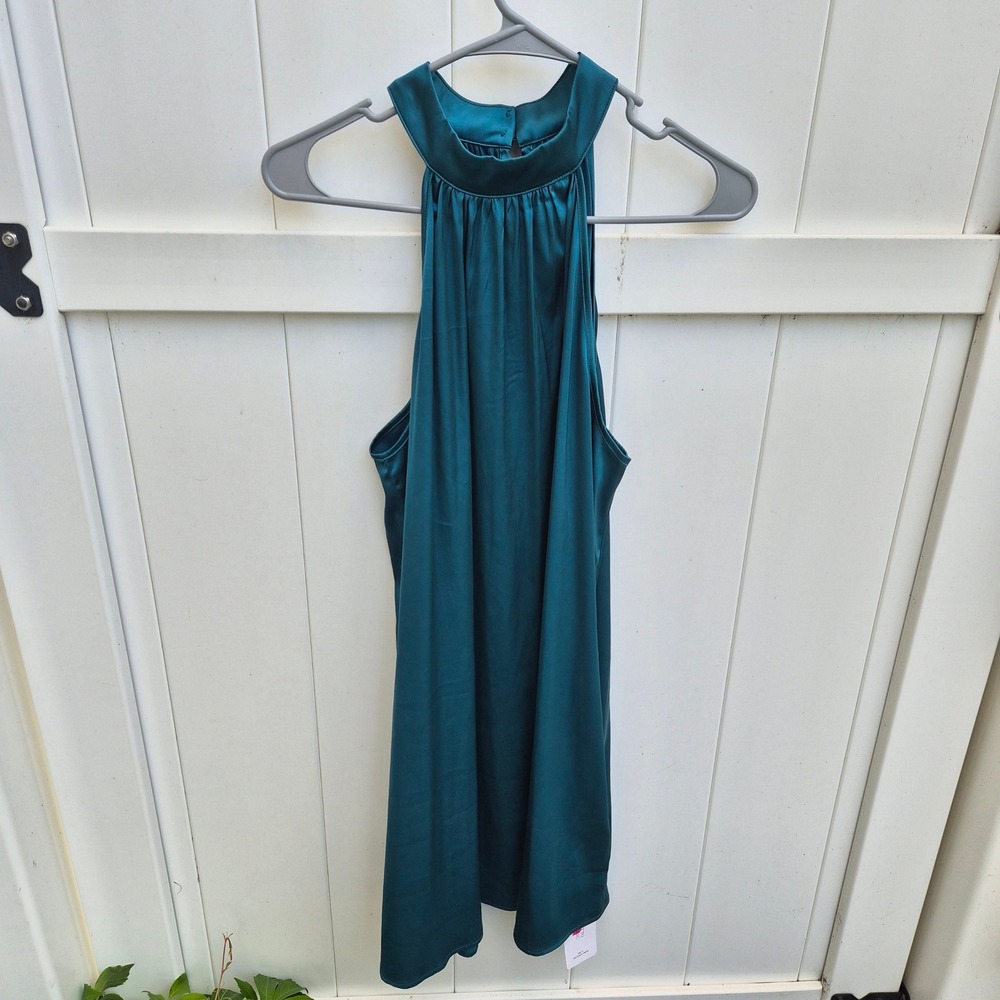 Shein Prive Teal Green Satin Halter Neck Top Sleeveless Keyhole Back‎ L Wedding